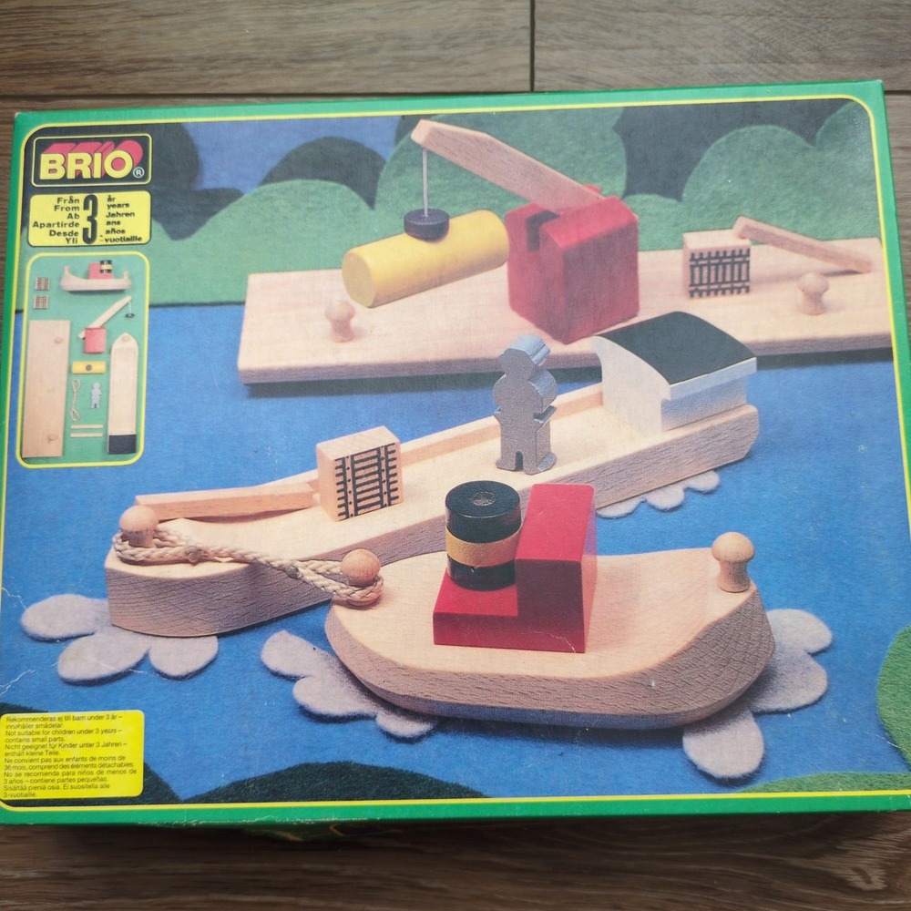 RARE Vtg 90s Brio Harbor Barge Boat Tug Cargo Crane Set Wood Sweden 33215 NEW